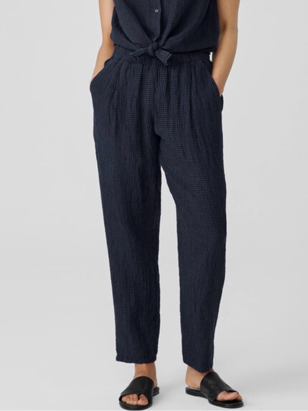 Eileen Fisher Puckered Organic Linen Pant Gingham Navy Black Size Small